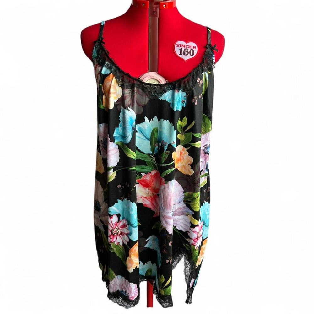 Cacique Black Multicolored Floral‎ Nightgown Chemise Slip Dress